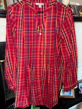 Woman Within Red Plaid Button-Down Tunic with Yellow and Blue Stripes size 18/20